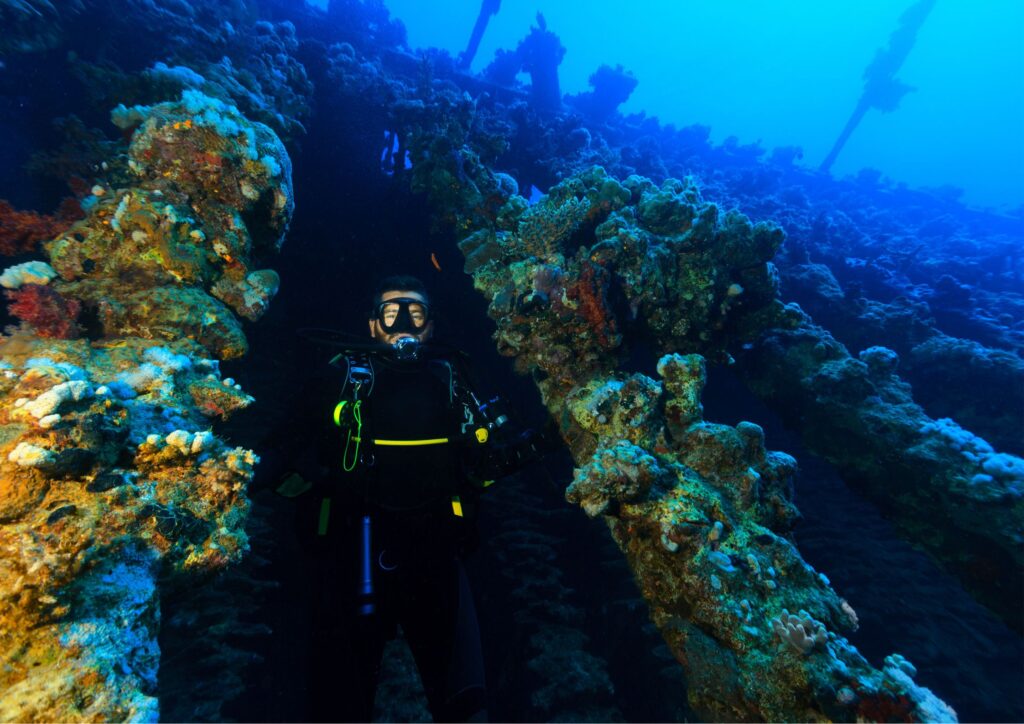 wreck diving - diver in the middle